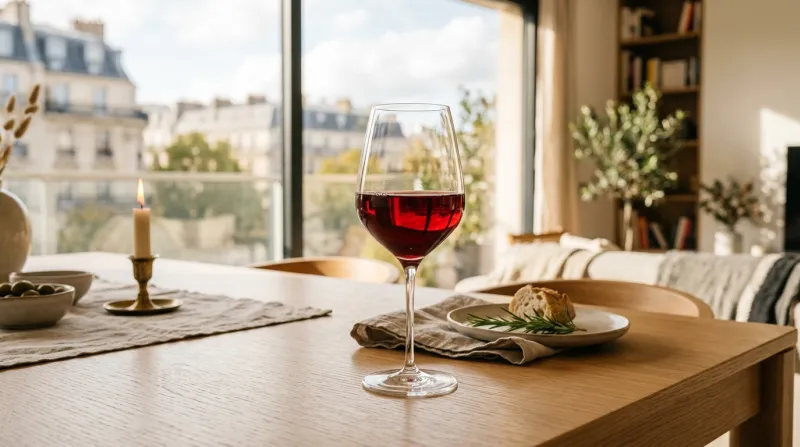 Verre de vin élégant sur table contemporaine lumineuse