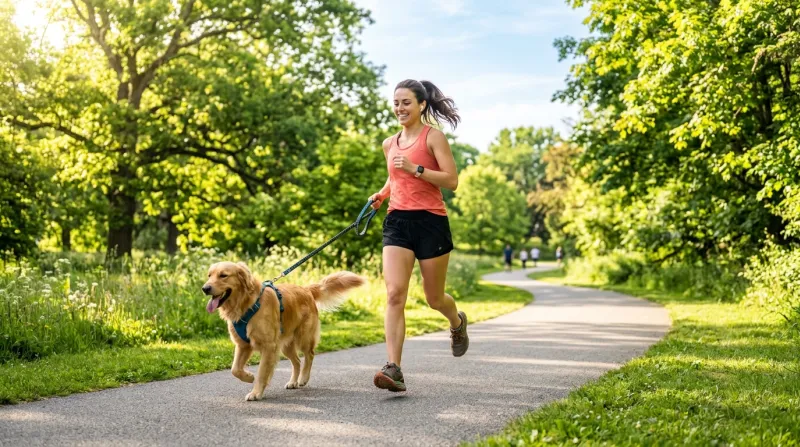 Une personne fait du jogging avec son chien dans un parc ensoleillé.