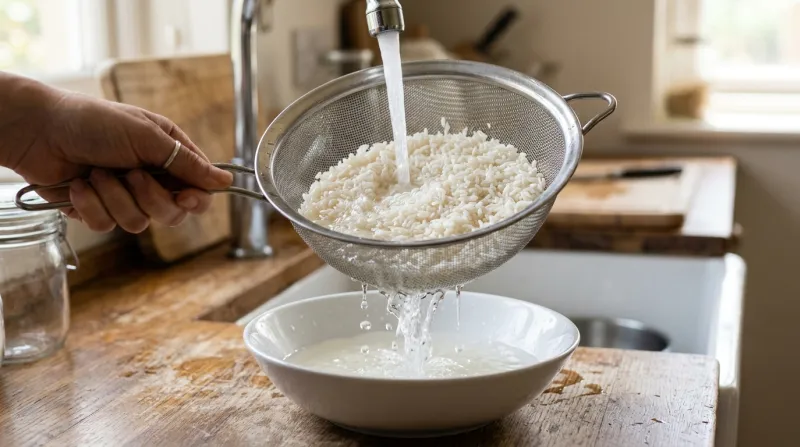 riz blanc rincé sous un filet d'eau claire 
