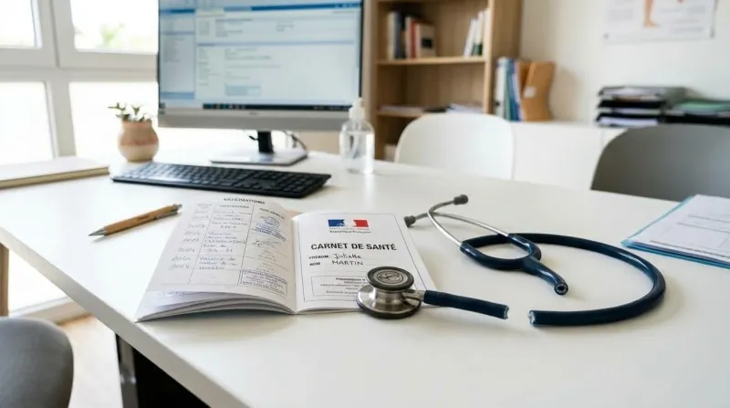Carnet de santé et stéthoscope au fil continu sur un bureau médical lumineux.