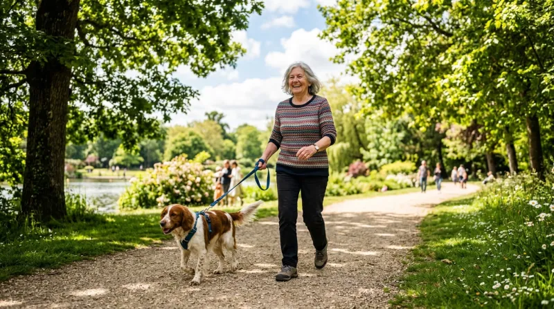 Personne âgée souriante se promenant avec un chien dans un parc ensoleillé