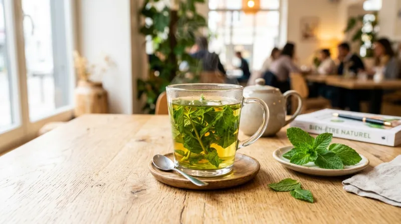 Tasse en verre de tisane à la menthe fraîche sur une table en bois.