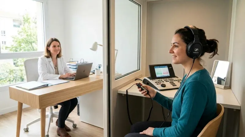 Une femme passe un test d'audition avec un casque dans un cabinet médical.