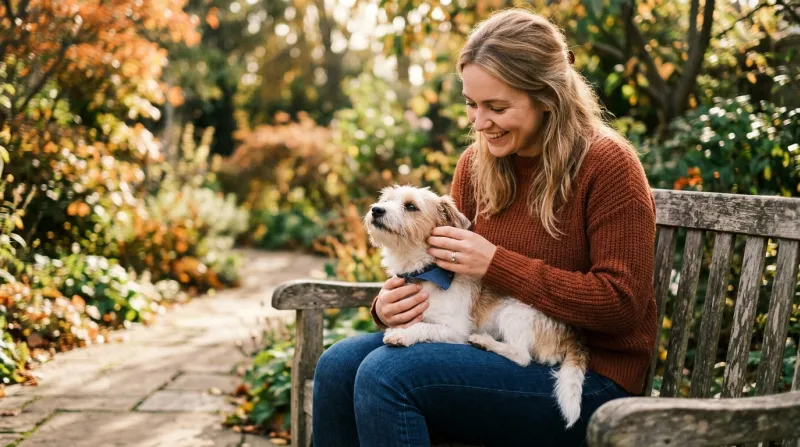 Une femme caresse doucement un petit chien sur ses genoux.