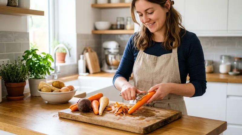 femme épluchant soigneusement des légumes
