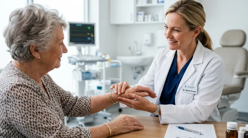 Un médecin bienveillant examine le poignet d'un patient en cabinet.