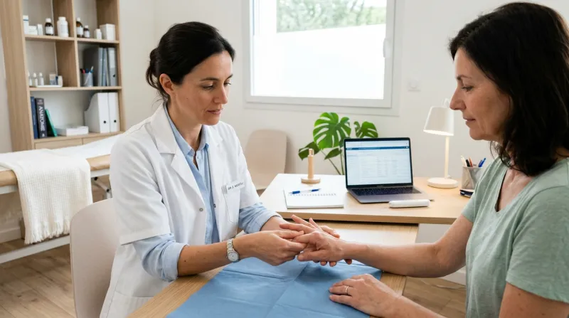 Examen médical attentif de la main d'un patient dans un cabinet moderne.