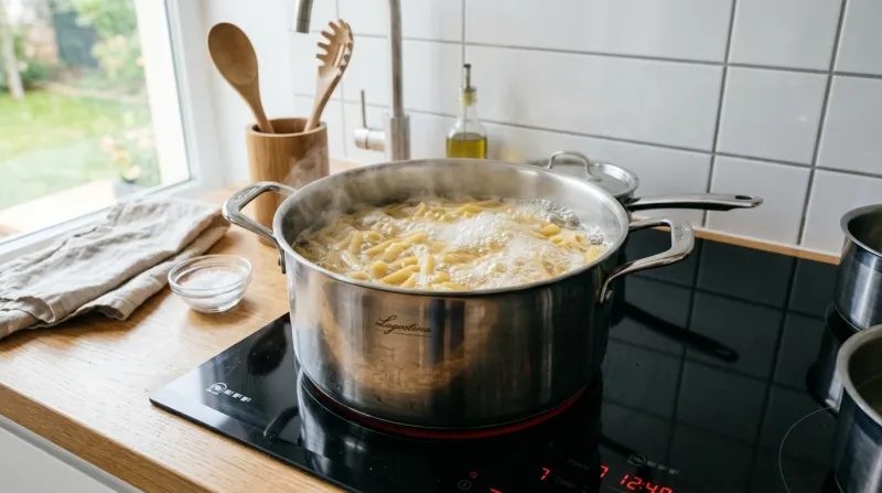  grande casserole d'eau bouillante avec des pâtes