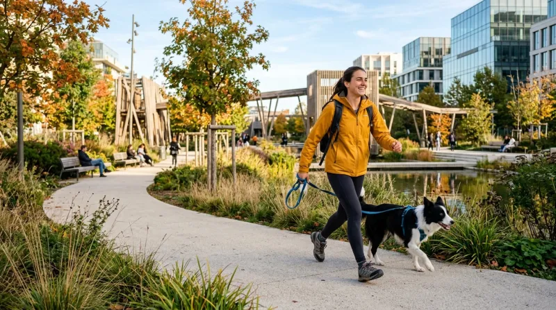 Personne marchant dynamiquement avec son chien dans un parc moderne.