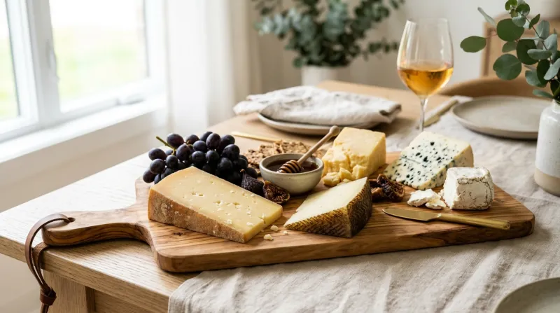 Morceaux de fromage affiné disposés sur une planche en bois moderne.