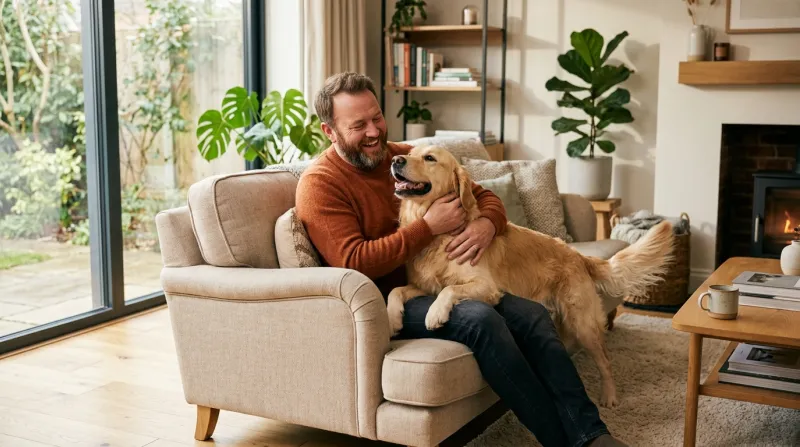 Un adulte souriant câline son chien dans un salon lumineux.