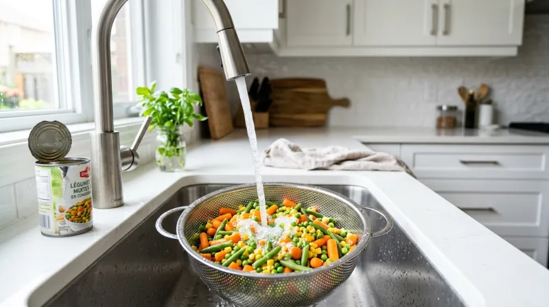  légumes en conserve rincés dans une passoire 