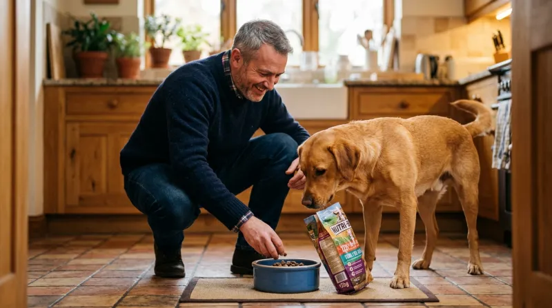 Un homme donne à manger à son chien dans la cuisine.