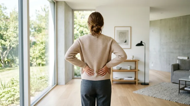 Personne de dos, mains sur les reins, dans un intérieur lumineux.