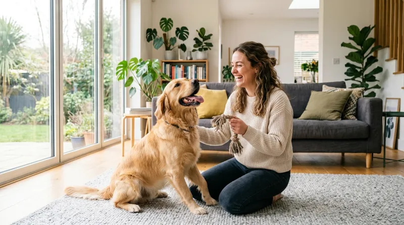 Personne souriante jouant avec son chien dans un salon ensoleillé.