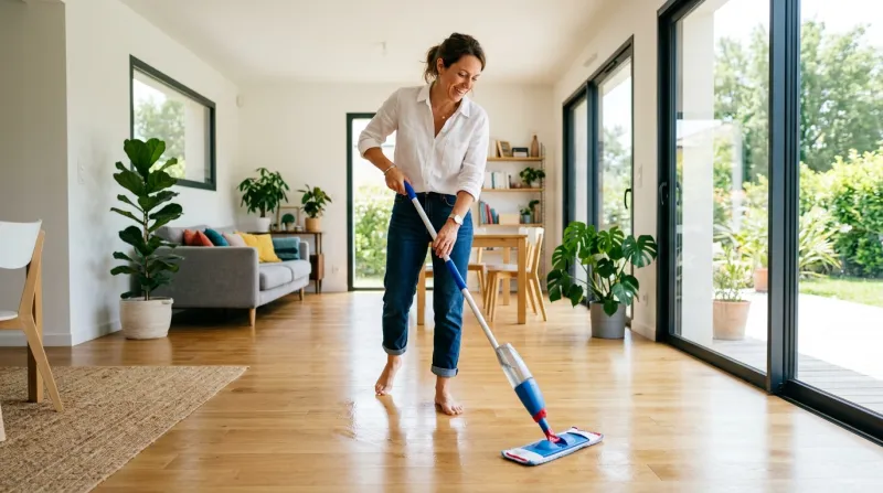 Personne passant la serpillière dans un intérieur moderne et ensoleillé.