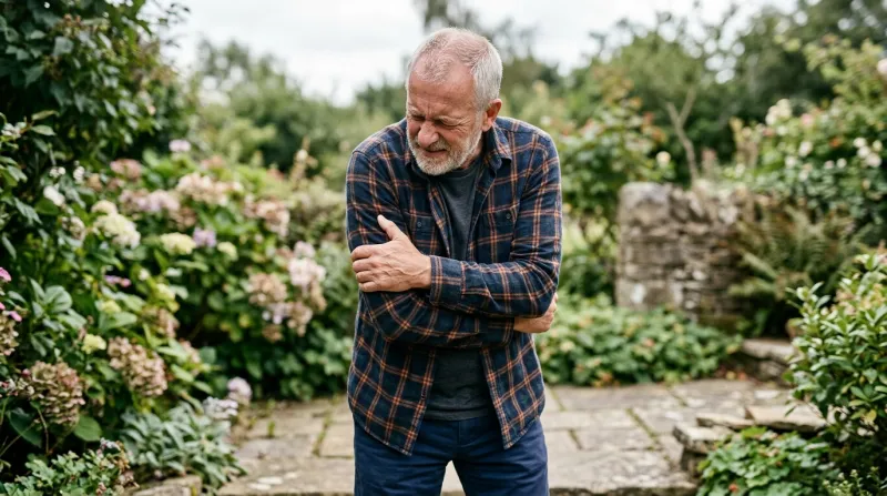 Homme d'environ 60 ans se tenant le biceps avec une expression douloureuse.