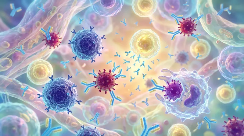 Illustration 3D lumineuse de cellules et d'anticorps du système immunitaire.