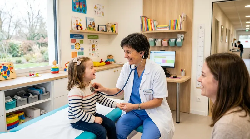 Pédiatre souriant examinant un jeune enfant dans un cabinet lumineux.