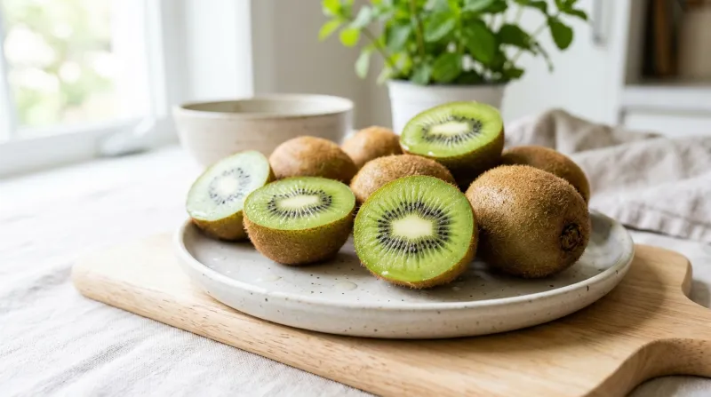 Gros plan lumineux de kiwis frais, entiers et coupés, sur fond clair.