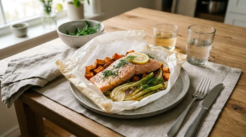 Papillote de saumon sauvage ouverte, fenouil et patate douce.