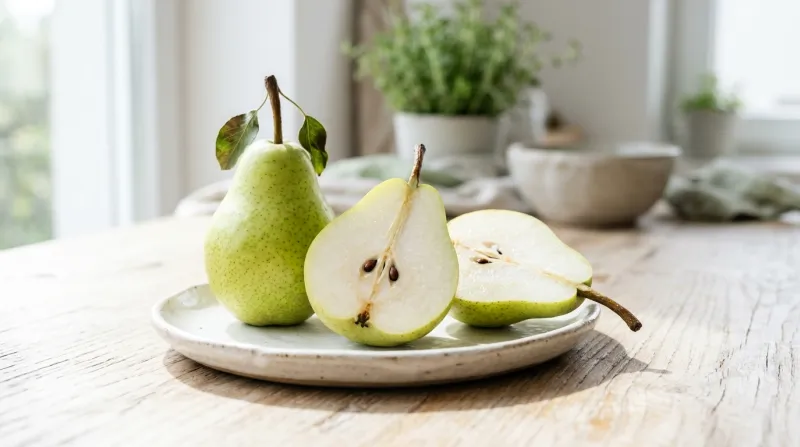 Poire fraîche entière et coupée en deux sur fond clair.