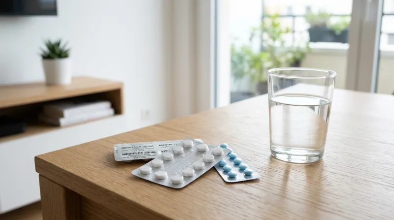 Plaquettes de comprimés médicaux à côté d'un verre d'eau sur une table épurée