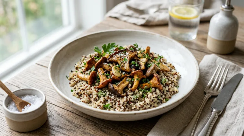 Poêlée de champignons des bois à l'ail sur quinoa dans une assiette élégante