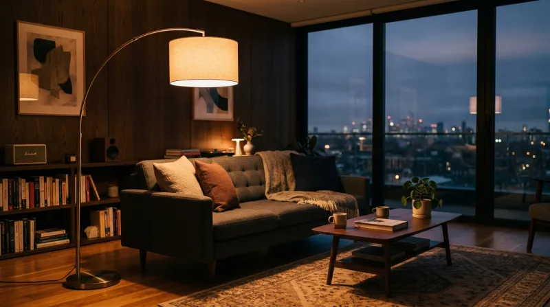 Intérieur moderne le soir éclairé par une lampe à la lumière douce et tamisée