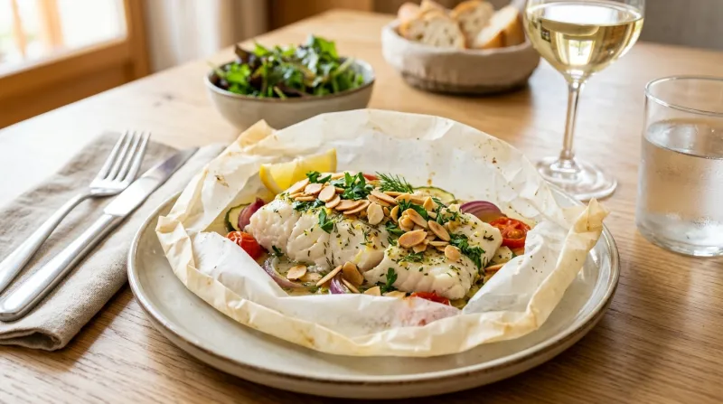Papillote de cabillaud ouverte, amandes effilées et herbes fraîches.