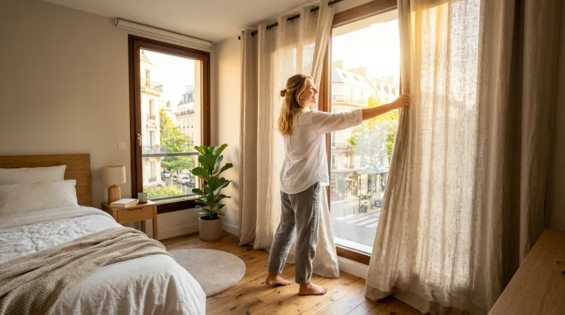Personne ouvrant de grands rideaux pour laisser entrer la lumière du matin.