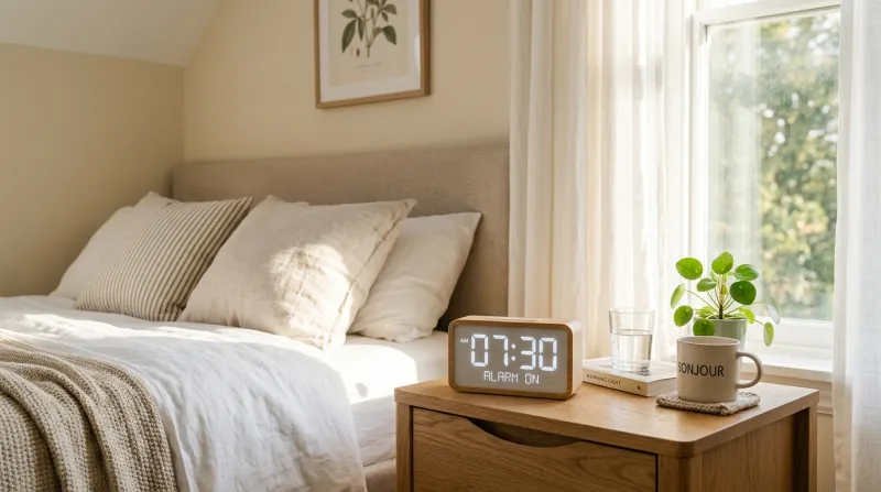Réveil moderne sur une table de chevet dans une chambre ensoleillée.