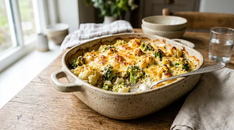 Gratin de chou-fleur et brocoli doré au four dans un plat en céramique.