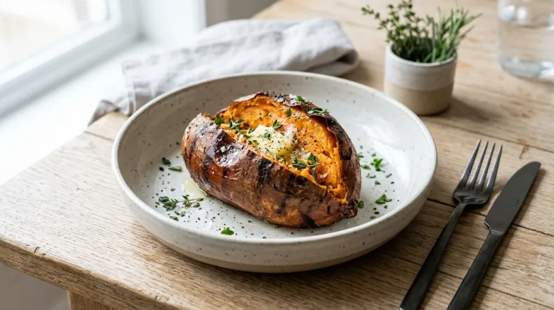 Un plat de céramique blanc avec une patate douce rôtie coupée en deux et assaisonnée.