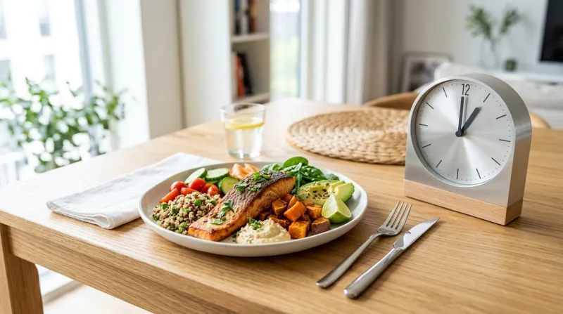 Assiette colorée et saine près d'une horloge moderne sur une table.