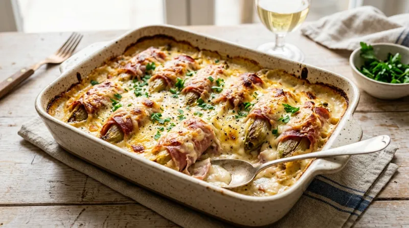 Plat de chicons au jambon gratinés à la béchamel dans un plat.