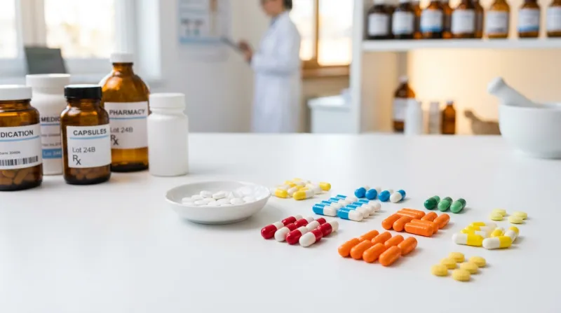 Gélules et comprimés pharmaceutiques disposés sur une surface blanche.