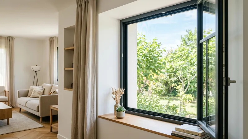 Fenêtre ouverte avec moustiquaire moderne dans un intérieur lumineux.