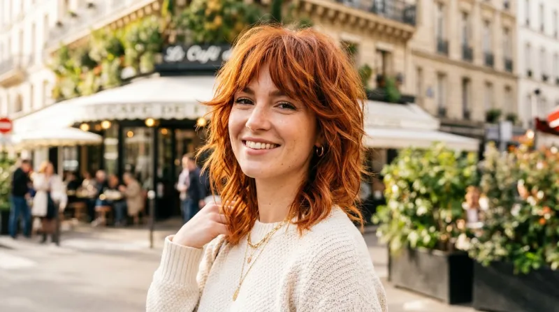 Femme aux cheveux roux cuivrés avec une coupe shag moderne et lumineuse.