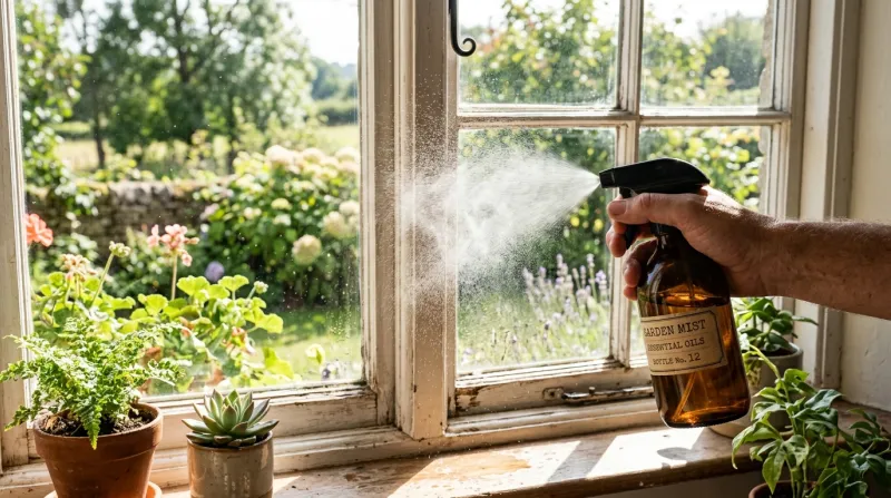 Un vaporisateur en verre ambré pulvérise une brume sur un encadrement ensoleillé