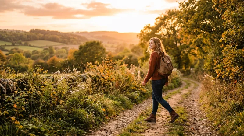 Une femme marche sur un chemin en terre dans une lumière douce de fin d'après-midi