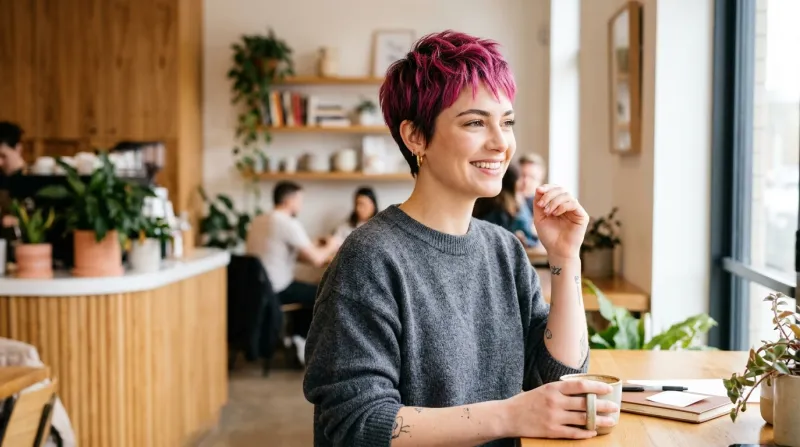 Femme lumineuse aux cheveux courts pixie colorés et texturés.
