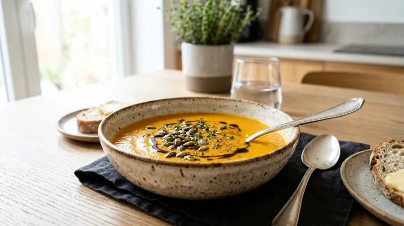 Bol de velouté de potimarron garni de graines de courge.