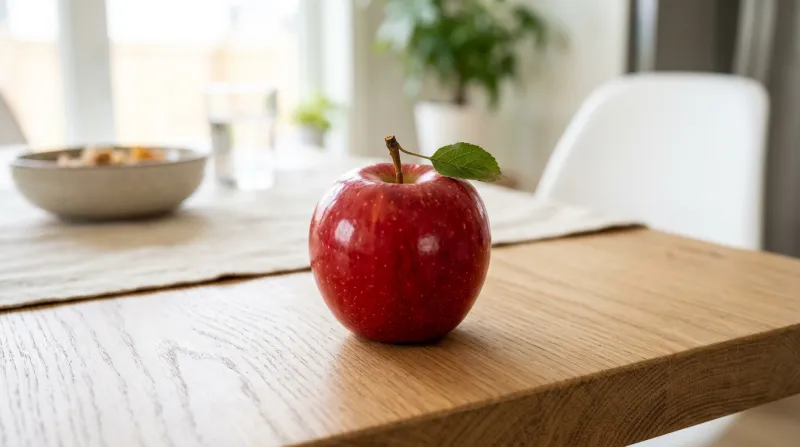 Gros plan lumineux d'une pomme rouge fraîche sur une table en bois clair.