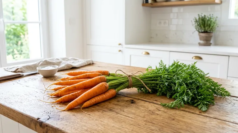 Carottes fraîches et entières avec leurs fanes sur bois