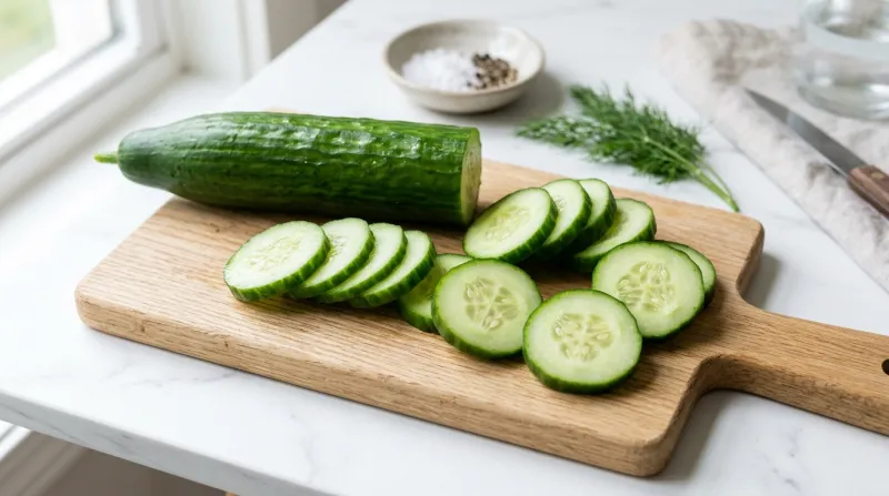 Un concombre entier et des tranches sur une planche en bois claire avec des herbes
