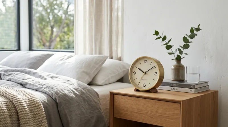 Horloge élégante posée sur une table de chevet moderne et lumineuse.