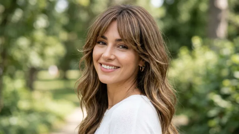 Gros plan lumineux d'une femme aux longs cheveux dégradés et frange rideau.
