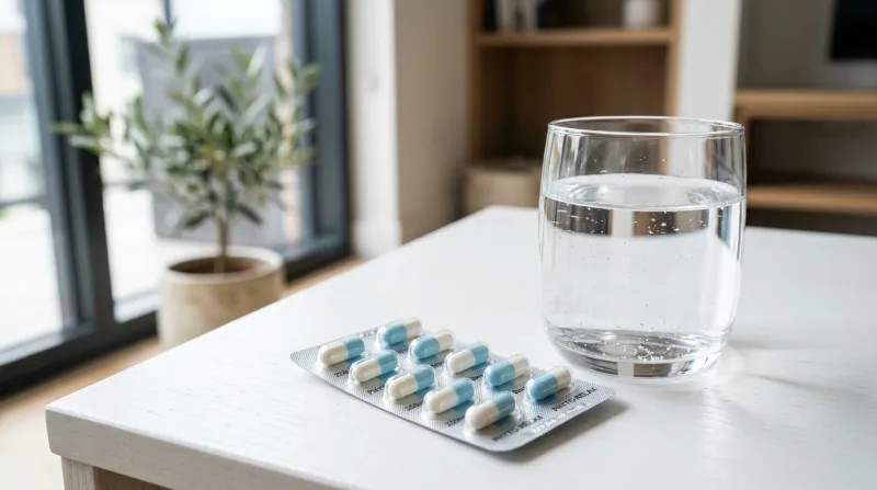Gélules pharmaceutiques dans un blister avec un verre d'eau sur table blanche.