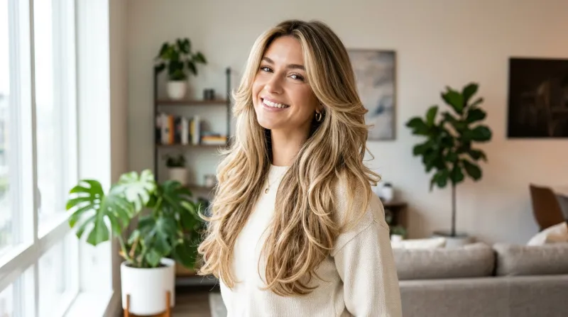Chevelure longue en coupe papillon lumineuse avec un balayage fluide.